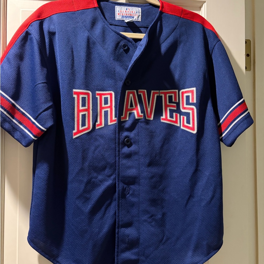 Starter Kids' Braves Navy & Red Baseball Jersey, Size Youth Large, Vintage